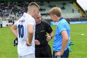 6 July 2019; Referee David Hickey with Kildare joint-captain Aaron Browne and Dublin captain Jack Lundy before the Electric Ireland Leinster GAA Football Minor Championship Final match between Dublin and Kildare at Páirc Tailteann in Navan, Meath. Photo by Piaras Ó Mídheach/Sportsfile