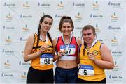 6 July 2019; Junior Women's Javelin medallists, from left, Katie Moynihan of Leevale A.C., Co. Cork, silver, Katherine OConnor of Dundalk St. Gerards A.C., Co. Louth,  gold, and Aoibhinn McMahon of Blackrock A.C., Co Louth, bronze,  during the Irish Life Health Junior and U23 Outdoor Track and Field Championships at Tullamore Harriers Stadium, Tullamore in Offaly. Photo by Sam Barnes/Sportsfile
