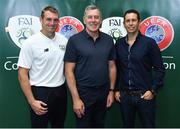 7 July 2019; UEFA Technical Advisor and former Republic of Ireland goalkeeper Packie Bonner, centre, with Luis Esteves, goalkeeping coach of Al Nassr FC in Saudi Arabia, right, and Dan Connor, Republic of Ireland under-21 goalkeeping coach, at a FAI Coach Education Goalkeeping Conference at Johnstown House in Enfield, Co. Meath. Photo by Matt Browne/Sportsfile
