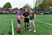 5 May 2019; Referee Conor Lane with team captains Niall Madine of New York and Paddy Durcan of Mayo before the Connacht GAA Football Senior Championship Quarter-Final match between New York and Mayo at Gaelic Park in New York, USA. Photo by Piaras Ó Mídheach/Sportsfile
