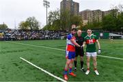 5 May 2019; Referee Conor Lane with team captains Niall Madine of New York and Paddy Durcan of Mayo before the Connacht GAA Football Senior Championship Quarter-Final match between New York and Mayo at Gaelic Park in New York, USA. Photo by Piaras Ó Mídheach/Sportsfile