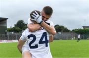 6 July 2019; Kildare players Aaron Browne, behind, and Dan Woulfe celebrate after the Electric Ireland Leinster GAA Football Minor Championship Final match between Dublin and Kildare at Páirc Tailteann in Navan, Meath. Photo by Piaras Ó Mídheach/Sportsfile