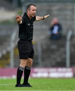 6 July 2019; Referee David Hickey awards a penalty during the Electric Ireland Leinster GAA Football Minor Championship Final match between Dublin and Kildare at Páirc Tailteann in Navan, Meath. Photo by Piaras Ó Mídheach/Sportsfile