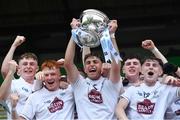 6 July 2019; Kildare joint captain Kevin Eustace lifts the Fr Larry Murphy Cup after the Electric Ireland Leinster GAA Football Minor Championship Final match between Dublin and Kildare at Páirc Tailteann in Navan, Meath. Photo by Piaras Ó Mídheach/Sportsfile