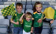 7 July 2019; Meath supporters from left, Conor Mulchrone, aged 8, Charlie Mulchrone, aged 5, and Caoimhe Mulchrone, aged 10, from Navan, Co. Meath, during the GAA Football All-Ireland Senior Championship Round 4 match between Meath and Clare at O’Moore Park in Portlaoise, Laois. Photo by Sam Barnes/Sportsfile