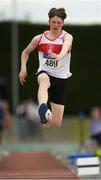 7 July 2019; Conor Trehy of Galway City Harriers A.C., Co. Galway, competing in the U17 Boys Triple Jump during the Irish Life Health Juvenile Track and Field Championships Tullamore Harriers Stadium, Tullamore in Offaly. Photo by Eóin Noonan/Sportsfile