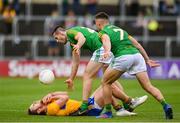 7 July 2019; Cian O'Dea of Clare reacts after a high tackle by Thomas McGovern of Meath, centre, during the GAA Football All-Ireland Senior Championship Round 4 match between Meath and Clare at O’Moore Park in Portlaoise, Laois. Photo by Sam Barnes/Sportsfile