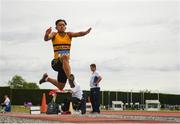 7 July 2019; Wymin Sivakumar of Leevale A.C., Co. Cork, competing in the U18 Boys Triple Jump  during the Irish Life Health Juvenile Track and Field Championships Tullamore Harriers Stadium, Tullamore in Offaly. Photo by Eóin Noonan/Sportsfile