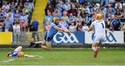 7 July 2019; Eamonn Dillon of Dublin gets away from Pádraig Delaney of Laois to take a shot on goal that is saved by Laois goalkeeper Enda Rowland during the GAA Hurling All-Ireland Senior Championship preliminary round quarter-final match between Laois and Dublin at O’Moore Park in Portlaoise, Laois. Photo by Piaras Ó Mídheach/Sportsfile