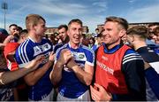 7 July 2019; Ross King of Laois, centre, celebrates with Conor Phelan, left, and Laois manager Eddie Brennan, right, following the GAA Hurling All-Ireland Senior Championship preliminary round quarter-final match between Laois and Dublin at O’Moore Park in Portlaoise, Laois. Photo by Sam Barnes/Sportsfile