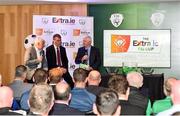 8 July 2019; Gavin Dykes, Former Sligo Rovers Captain, left, Stephen Kenny, Republic of Ireland U21 Manager, centre, and MC Con Murphy, right, take part in a Q and A during the Extra.ie FAI Cup First Round Draw at Aviva Stadium in Dublin. Photo by Sam Barnes/Sportsfile