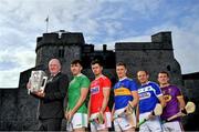 9 July 2019; In attendance at the GAA Hurling All Ireland Senior Championship Series National Launch at King John's Castle in Limerick are, from left, Uachtaráin Cumann Lúthchleas Gael John Horan, Aaron Gillane of Limerick, Seamus Harnedy of Cork, Brendan Maher of Tipperary, Joe Phelan of Laois and Kevin Foley of Wexford. Photo by Brendan Moran/Sportsfile