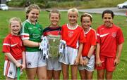 9 July 2019; Lorna Horgan, Clodagh Nestor, Sarah Horgan, Grace Morgan, Cáit Murphy and Ciara Donnarumma, all members of the host club, with the Liam MacCarthy Cup at the GAA Hurling All Ireland Senior Championship Series National Launch at Mungret St Pauls GAA Club in Limerick Photo by Ray McManus/Sportsfile