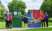 9 July 2019; In attendance at the launch of the FAI Annual Coaching Conference taking place in IT Carlow are, from left, Keith Andrews, UEFA Pro Licence student, Donal McNally, Head Of Sport IT Carlow, Robbie Keane, UEFA Pro Licence student, Tom Elmes, FAI / IT Carlow, and Andy Reid, UEFA Pro Licence student, during a UEFA Pro Licence Course at Johnstown House in Enfield, Meath. Photo by Piaras Ó Mídheach/Sportsfile