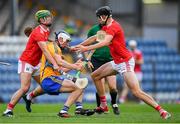 10 July 2019; Diarmuid Ryan of Clare in action against Brian Roche and Robert Downey of Cork during the Bord Gais Energy Munster GAA Hurling Under 20 Championship semi-final match between Cork and Clare at Páirc Ui Rinn in Cork. Photo by Brendan Moran/Sportsfile