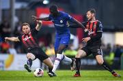 10 July 2019; Tiemoue Bakayoko of Chelsea is tackled by Alex Kelly, left, and Conor Levingston of Bohemians during a friendly match between Bohemians and Chelsea at Dalymount Park in Dublin. Photo by Ramsey Cardy/Sportsfile