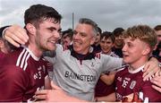 10 July 2019; Galway manager Padraic Joyce celebrates with Conor Campbell, right, and Seán Mulkerrin of Galway during the EirGrid Connacht GAA Football U20 Championship final match between Galway and Mayo at Tuam, Co. Galway. Photo by Sam Barnes/Sportsfile