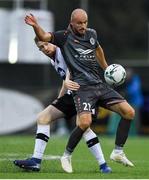 10 July 2019; Roman Debelko of Riga in action against Seán Hoare of Dundalk during the UEFA Champions League First Qualifying Round 1st Leg match between Dundalk and Riga at Oriel Park in Dundalk, Co Louth. Photo by Eóin Noonan/Sportsfile
