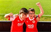 11 July 2019; St Patrick's Athletic supporters Aidan Byrne, aged 11, left, and his brother Liam Byrne, aged 9, from Palmerstown, Dublin, ahead of the UEFA Europa League First Qualifying Round 1st Leg match between St Patrick's Athletic and IFK Norrköping at Richmond Park in Inchicore, Dublin. Photo by Sam Barnes/Sportsfile
