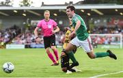 11 July 2019; Joel Coustrain of Cork City is tackled by Sébastien Thill of Progrès Niederkorn during the UEFA Europa League First Qualifying Round 1st Leg match between Cork City and Progres Niederkorn at Turners Cross in Cork. Photo by Eóin Noonan/Sportsfile