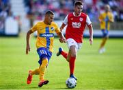 11 July 2019; Jordan Larsson of IFK Norrköping in action against Kevin Toner of St Patricks Athletic during the UEFA Europa League First Qualifying Round 1st Leg match between St Patrick's Athletic and IFK Norrköping at Richmond Park in Inchicore, Dublin. Photo by Sam Barnes/Sportsfile