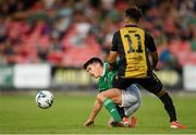 11 July 2019; Ronan Hurley of Cork City is fouled by Kenan Agovic of Progrès Niederkorn during the UEFA Europa League First Qualifying Round 1st Leg match between Cork City and Progres Niederkorn at Turners Cross in Cork. Photo by Eóin Noonan/Sportsfile