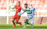 11 July 2019; Petter Strand of SK Brann in action against Jack Byrne of Shamrock Rovers during the UEFA Europa League First Qualifying Round 1st Leg match between SK Brann and Shamrock Rovers at Brann Stadion, Bergen, Norway. Photo by Bjorn Erik Nesse/Sportsfile.