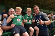 12 July 2019; Jordan Larmour with 6 year old Oisin de Barra and 7 year old Noah Kelly, from Salthill, Galway, after an Ireland Rugby open training session at the Sportsground in Galway. Photo by Matt Browne/Sportsfile