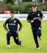 12 June 2019; George Dockrell and Lorcan Tucker of Ireland during the warm up before the 2nd T20 Cricket International match between Ireland and Zimbabwe at Bready Cricket Club in Magheramason, Co. Tyrone. Photo by Oliver McVeigh/Sportsfile