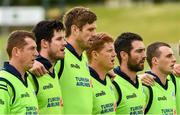 12 June 2019; Greg Thompson, George Dockrell, Boyd Rankin, Kevin O'Brien, Andrew Balbirnie and Lorcan Tucker of Ireland during the &quot;Ireland's call&quot; anthem before the 2nd T20 Cricket International match between Ireland and Zimbabwe at Bready Cricket Club in Magheramason, Co. Tyrone. Photo by Oliver McVeigh/Sportsfile