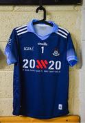 13 July 2019; A general view of the Dublin jersey of goalkeeper Ciara Trant in the dressing room with the 20x20 campaign logo which has replaced that of sponsor AIG Ireland today to help promote awareness of the “If She Can’t See It, She Can’t Be It” initiative, designed to shift Ireland’s cultural perception of women’s sport by increasing media coverage, participation & attendance in women’s sport by 20% by the year 2020. TG4 All-Ireland Ladies Football Senior Championship Group 2 Round 1 match between Dublin and Waterford at O'Moore Park in Portlaoise, Laois. Photo by Piaras Ó Mídheach/Sportsfile