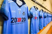 13 July 2019; A general view of the Dublin jersey of Siobhán McGrath in the dressing room with the 20x20 campaign logo which has replaced that of sponsor AIG Ireland today to help promote awareness of the “If She Can’t See It, She Can’t Be It” initiative, designed to shift Ireland’s cultural perception of women’s sport by increasing media coverage, participation & attendance in women’s sport by 20% by the year 2020. TG4 All-Ireland Ladies Football Senior Championship Group 2 Round 1 match between Dublin and Waterford at O'Moore Park in Portlaoise, Laois. Photo by Piaras Ó Mídheach/Sportsfile