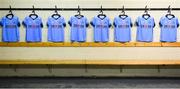 13 July 2019; A general view of Dublin jerseys in the dressing room with the 20x20 campaign logo which has replaced that of sponsor AIG Ireland today to help promote awareness of the “If She Can’t See It, She Can’t Be It” initiative, designed to shift Ireland’s cultural perception of women’s sport by increasing media coverage, participation & attendance in women’s sport by 20% by the year 2020. TG4 All-Ireland Ladies Football Senior Championship Group 2 Round 1 match between Dublin and Waterford at O'Moore Park in Portlaoise, Laois. Photo by Piaras Ó Mídheach/Sportsfile