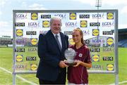 13 July 2019; Olivia Divilly of Galway receives the Player of the Match award from Dominic Leech, President, Leinster LGFA, after the TG4 All-Ireland Ladies Football Senior Championship Group 3 Round 1 match between Galway and Kerry at O'Moore Park in Portlaoise, Laois. Photo by Piaras Ó Mídheach/Sportsfile