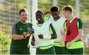 13 July 2019; Festy Ebosele and goalkeeping coach Dermot O'Neill during a Republic of Ireland training session prior to the start of the 2019 UEFA European U19 Championships at the FFA Technical Centre in Yerevan, Armenia. Photo by Stephen McCarthy/Sportsfile
