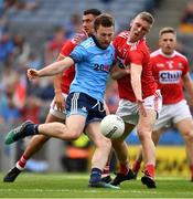 13 July 2019; Jack McCaffrey of Dublin shoots past Seán White of Cork to score the games' opening goal in the eleventh minute during the GAA Football All-Ireland Senior Championship Quarter-Final Group 2 Phase 1 match between Dublin and Cork at Croke Park in Dublin. Photo by Ray McManus/Sportsfile