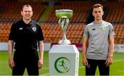 14 July 2019; Republic of Ireland head coach Tom Mohan and captain Lee O'Connor pose for a photograph with the trophy prior to a press conference at the Republican Stadium ahead of their side's opening game of the 2019 UEFA European U19 Championship Finals in Yerevan, Armenia. Photo by Stephen McCarthy/Sportsfile