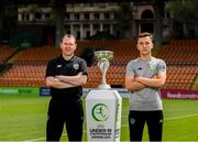 14 July 2019; Republic of Ireland head coach Tom Mohan and captain Lee O'Connor pose for a photograph with the trophy prior to a press conference at the Republican Stadium ahead of their side's opening game of the 2019 UEFA European U19 Championship Finals in Yerevan, Armenia. Photo by Stephen McCarthy/Sportsfile