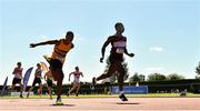 14 July 2019; Charles Okafor from Mullingar Harriers A.C. Co Westmeath on his way to winning the Boys U17 200m from second place James Ezeonu from Leevale A.C. Co Cork  during day three of the Irish Life Health National Juvenile Track & Field Championships at Tullamore Harriers Stadium in Tullamore, Co. Offaly. Photo by Matt Browne/Sportsfile
