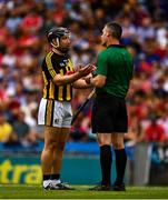 14 July 2019; Richie Hogan of Kilkenny pleads with referee James Owens before he was issued with a yellow card during the GAA Hurling All-Ireland Senior Championship quarter-final match between Kilkenny and Cork at Croke Park in Dublin. Photo by Ray McManus/Sportsfile