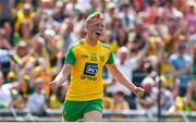 14 July 2019; Oisín Gallen of Donegal celebrates after scoring his side's second goal past Andrew Colgan of Meath during the GAA Football All-Ireland Senior Championship Quarter-Final Group 1 Phase 1 match between Donegal and Meath at MacCumhaill Park in Ballybofey, Donegal. Photo by Daire Brennan/Sportsfile