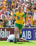 14 July 2019; Oisín Gallen of Donegal celebrates after scoring his side's second goal during the GAA Football All-Ireland Senior Championship Quarter-Final Group 1 Phase 1 match between Donegal and Meath at MacCumhaill Park in Ballybofey, Donegal. Photo by Daire Brennan/Sportsfile