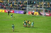 14 July 2019; Michael Newman of Meath scores his side's first goal from a penalty past Shaun Patton of Donegal during the GAA Football All-Ireland Senior Championship Quarter-Final Group 1 Phase 1 match between Donegal and Meath at MacCumhaill Park in Ballybofey, Donegal. Photo by Daire Brennan/Sportsfile