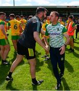 14 July 2019; Meath manager Andy McEntee shakes hands with his former Ballyboden St Enda's goalkeeper Paul Durcan of Donegal after the GAA Football All-Ireland Senior Championship Quarter-Final Group 1 Phase 1 match between Donegal and Meath at MacCumhaill Park in Ballybofey, Donegal. Photo by Daire Brennan/Sportsfile