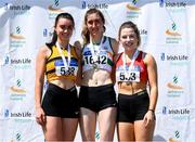 14 July 2019; Ruby Millet, 1642, from St. Abbans A.C. Co Laois who won the Girls U19 Long Jump with second plasce Aisling Cassidy, left, from Leevale A.C. Co Cork and third place Niamh O'Neill from St. Colmans South Mayo A.C. during day three of the Irish Life Health National Juvenile Track & Field Championships at Tullamore Harriers Stadium in Tullamore, Co. Offaly.   Photo by Matt Browne/Sportsfile