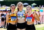 14 July 2019; Ruby Millet, 1642, from St. Abbans A.C. Co Laois who won the Girls U19 Long Jump with second plasce Aisling Cassidy, left, from Leevale A.C. Co Cork and third place Niamh O'Neill from St. Colmans South Mayo A.C. during day three of the Irish Life Health National Juvenile Track & Field Championships at Tullamore Harriers Stadium in Tullamore, Co. Offaly.   Photo by Matt Browne/Sportsfile