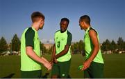 14 July 2019; Republic of Ireland players, from left, Brandon Kavanagh, Jonathan Afolabi and Ali Reghba during a training session ahead of their side's opening game of the 2019 UEFA European U19 Championships at the FFA Technical Centre in Yerevan, Armenia. Photo by Stephen McCarthy/Sportsfile