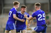 14 July 2019; Shane Hanratty, centre, of Monaghan celebrates with team-mates after the Electric Ireland Ulster GAA Football Minor Championship Final match between Monaghan and Tyrone at Athletic Grounds in Armagh. Photo by Piaras Ó Mídheach/Sportsfile