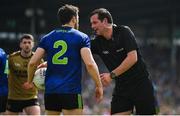 14 July 2019; Referee Sean Hurson takes the ball from Chris Barrett of Mayo before throwing the ball up during the GAA Football All-Ireland Senior Championship Quarter-Final Group 1 Phase 1 match between Kerry and Mayo at Fitzgerald Stadium in Killarney, Kerry. Photo by Brendan Moran/Sportsfile