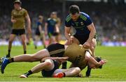 14 July 2019; Keith Higgins of Mayo is tackled by Paul Geaney of Kerry as Chris Barrett of Mayo attempts to intervene during the GAA Football All-Ireland Senior Championship Quarter-Final Group 1 Phase 1 match between Kerry and Mayo at Fitzgerald Stadium in Killarney, Kerry. Photo by Brendan Moran/Sportsfile